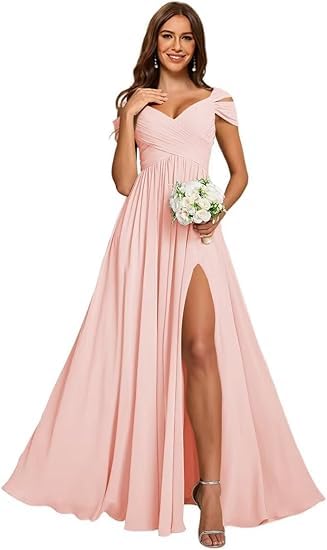 ZOOYYUE Wickelkleid,Damen Off Shoulder Chiffon Brautjungfernkleider Lang - Formeller A-Linie V-Ausschnitt Lang Abendkleider Elegant Hochzeit Schlitz...