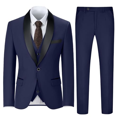 Navy Blue Suit Men 3 Piece Slim Fit Suit Business Shawl Lapel Tuxedo for Men Formal Wedding Tuxedo Suits Set Small