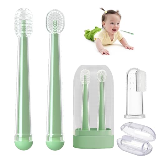 Image of Baby Silicone Toothbrush Set, Tongue Brush + Finger Toothbrush with Cup for Training Teething, 0-18M Infant Toddler Newborn Baby Toothbrush Teeth Brushes (Green)