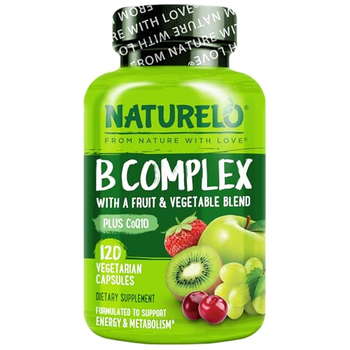 NATURELO Vitamin B Complex,120 Capsules, Vegan, CoQ10, Methyl Folate, Biotin, Fruit & Veg Blend,...