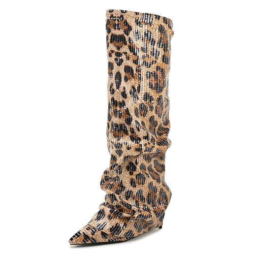 Fold Over Knee High Boots Women Winter Stiletto Heel Tall Slouchy Shark Boots Pull on Pointed Toe Party Dress Fall Shoes3