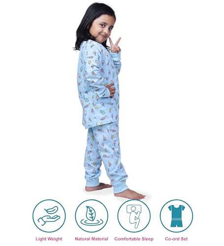 Image of Hestia | H.NSG.N.1 | Kids Girls Nightwear | Sleepwear | Cotton |Trouser Full Sleeves Tshirt | Elastic Waist |Night Dress with Pyjama Tshirts for Girls|All Over Horse Printed |Blue Color 4-6Yrs |Set 1