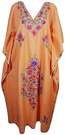Mogul Interior Womens Kaftan Maxi Dresses Bohemian Embroidered Resort Caftan Dress OneSize Orange