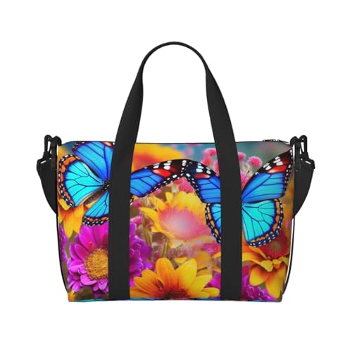 Travel Duffel Bag for Men Gym Bag, Colorful Butterfly Flower Luggage Bag with Shoulder Strap, Large Gym Tote Bag for Women, Weekender Overnight Bag, Foldable Carry on Bag for Airplane