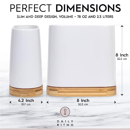 Daily Ritmo Large Kitchen Utensil Holder For Countertop With Bamboo Wooden Base | Minimalistic Cooking Utensils | Farmhouse White Ceramic Tool Crock | Cylindrical Oval Shape | Counter Organizer For Spatula #TOP3