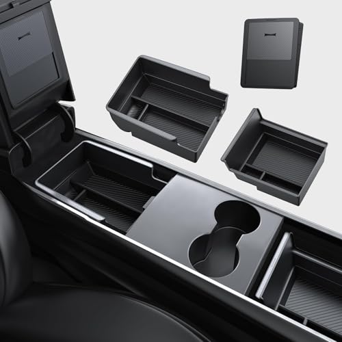 BASENOR Tesla 3 stuks Tesla Model Y Model 3 Center Console Organizer [Carbon Fiber Edition] Armsteun verborgen opbergdoos, aangepast voor model Y 2021-2024 Tesla Model 3 2021-2023
