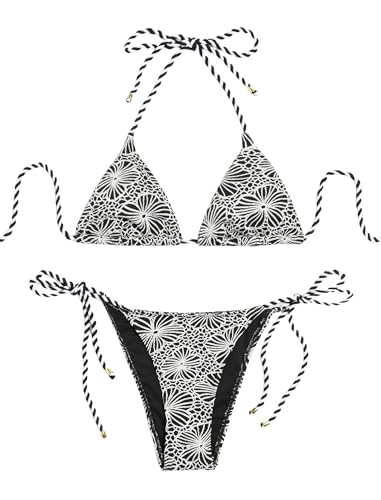 Image of ZAFUL 2 Piece Triangle Bikini for Women Knitted Rope Halter Bikini Sets Sexy Bathing Suit Side Tie Swimsuits Beachwear