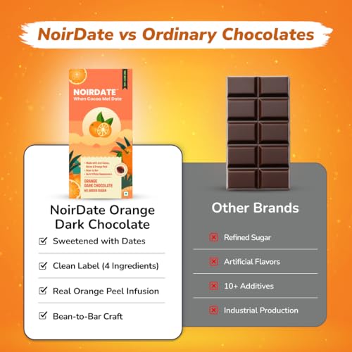 Image of NoirDate Orange Dark Chocolate - 15g, Bean to Bar, Sweetened with Dates, Refined Sugar Free, Clean Label, Healthy & Tasty Indulgence, Vegan, Gluten-Free, Antioxidant Rich (Pack of 6)