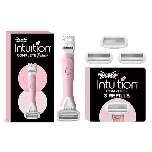 Wilkinson Sword Intuition Complete Bikini For Women Trimmer and Razor + Wilkinson Sword Intuition Complete For Women Skin Protect Gel with Smooth Glide, Pack of 3 Razor Blade Refills