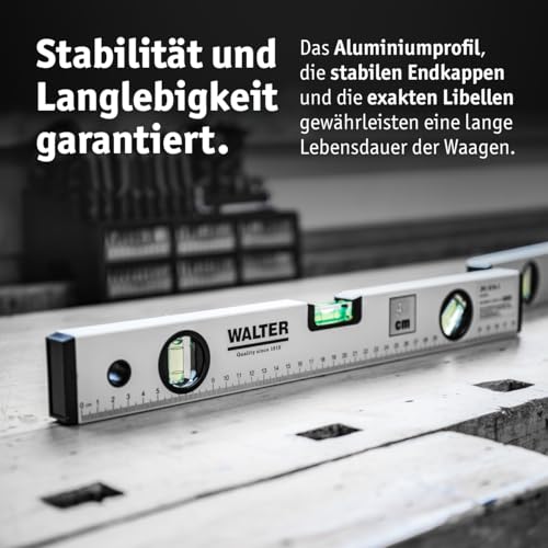 WALTER Wasserwaagen-Set 4-tlg. Wasserwaage in den Längen 40cm, 60cm und 100cm & Mini-Wasserwaage | mit 3 Libellen für präzise Messungen, angenehme Handhabung | robustes & leichtes Aluminiumgehäuse