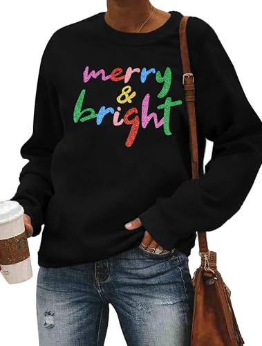 Image of Christmas Sweatshirt Women Merry and Bright Christmas T-Shirt Funny Xmas Lights Blouse Tops Holiday Shirts