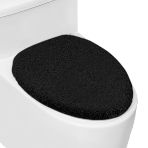 Soft Plush Toilet Lid Cover for Bathroom, Machine Washable Toilet Seat Covers, Fits Most Round Elongated and Oblong Lids, Easy Installation& Cleaning (Black)