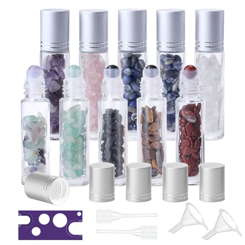 MEYAGOT Botellas de Aceite Esencial de Piedra Preciosa, 10pcs 10ml Botella de Aceite Esencial con Bolas de Rodillo de Piedra Cristalina, Botella de Rodillo de Aceite para Masajes Perfumes