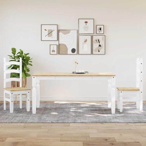 Homgoday Juego de Comedor Panama 3 pzas Madera Maciza de Pino Blanco Conjunto Mesa y sillas de Comedor, sillas Comedor, Set Muebles de Cocina para el Hogar, la Oficina y el Café