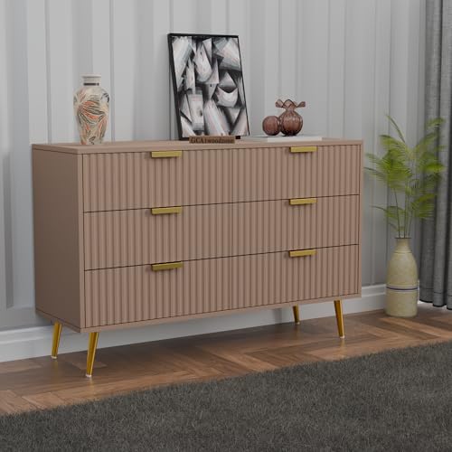 Image of Wooden Chest of Drawers | 6 Drawers Dresser Console Cabinet For Bedroom, Living Room, Drawing Room & Office | Sideboard | Multipurpose Storage | HDMR Premium Wood & Iron | Taupe & Golden