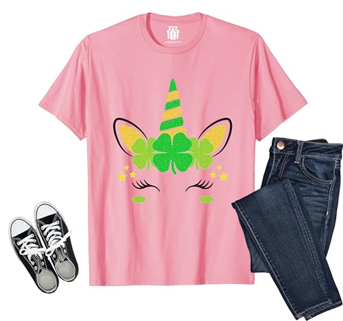 Unicorn Face St Patricks Day Shirt for Women Teen Girls Kids Toddler Irish Shamrock Lucky Daughter Mom Grandma