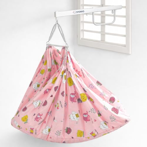 Image of Storio Baby Window Swing for Newborn (0-12 Months) | Hanging Baby Jhula with Mosquito Net, Spring & Metal Window Hanger | Polycotton Palna Thottil | Indoor Window Cradle Sleeping Set - Pink