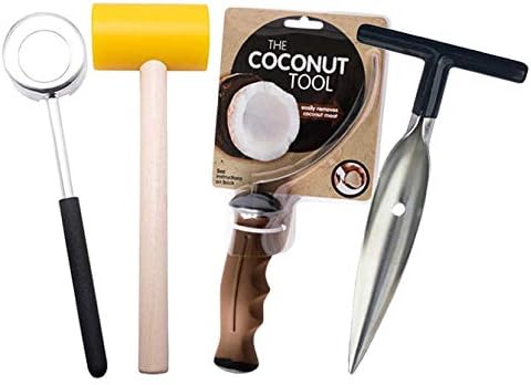 Complete Coconut Opener and Scraper Tool Set | Coconut Easy Hammer Kit, Removal Tool and Coconut Knife Opener for Fresh, Young and Thai Coconuts | Easily Break Open Coconuts and Scoop the Meat