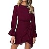 WEEPINLEE Womens Long Sleeve Round Neck Ruffles Wrap Dresses Party Dress (Wine Red, M)