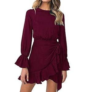 WEEPINLEE-Womens-Long-Sleeve-Round-Neck-Ruffles-Wrap-Dresses-Party-Dress WEEPINLEE Womens Long Sleeve Round Neck Ruffles Wrap Dresses Party Dress (Wine Red, M)