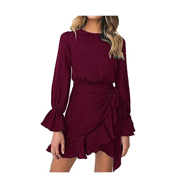 WEEPINLEE Womens Long Sleeve Round Neck Ruffles Wrap Dresses Party Dress (Wine Red, M)