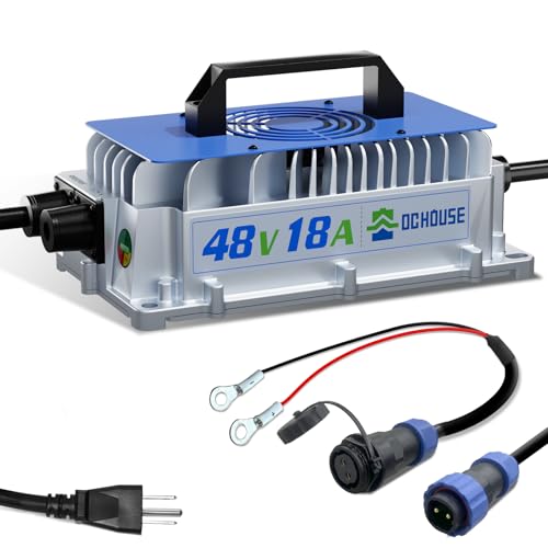 DC HOUSE 48V 18A Lithium Battery Charger, 900W Fast Charger, Charging Efficiency ≥ 93%, IP65 Waterproof Anti-Fall with Cooling Fan, Suitable for 48V Golf Cart/Forklift/Ship Lithium Battery