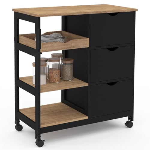 IDMarket - Desserte de cuisine MUNA 3 paniers + 1 plateau amovible noir et effet hêtre L.76 cm