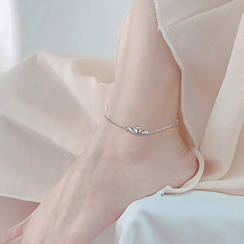 Flyow S925 Sterling Silver Adjustable Foot Chain Claddagh Ankle Bracelet Anklet Jewelry For Women Girl Birthday Gift Love Gift (Claddagh) #TOP1