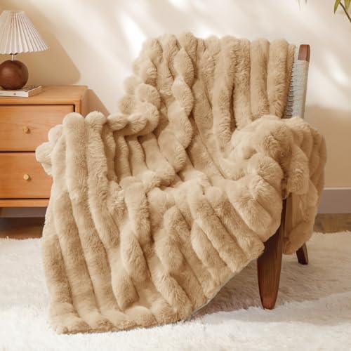 Image of BEDELITE Faux Fur Throw Blanket for Couch, 770GSM, 50 inch x 60 inch, Brown | Soft and Cozy Luxurious 3D Striped Fluffy Blanket, Warm Plush Fuzzy Faux Rabbit Fur for Women Gift, Stylish Room Decor