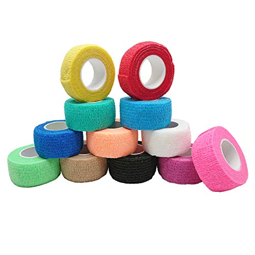 Self-Adhesive Cohesive Wrap Bandage Tape by MANSHU, Self-Adhesive Bandage Rolls,Elastic Non-Woven, 12 Rolls, 12 Colors (1Inches x 5Yards)