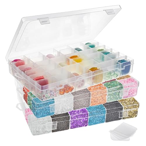 Juvale Jewelry Organizer Box - 3-Pack, 1.7 x 10.75 x 7 In, Clear Plastic - Bead Storage Containers with 36 Compartments & Dividers - Stackable Screw Organizer Box