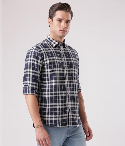 Image of TURMS Men's Casual Checks Shirts, Odor Control, Moisture Wicking, Button Down Collar, Cool Tech Cotton Fabric, Tailored Fit, Full Sleeve