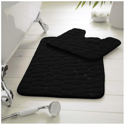 Faozo Luxury Pebble Design Bath Mat Set, Non-Slip Memory Foam Bathroom Rugs, Super Absorbent Soft Microfiber Mat with Toilet Pedestal Contour Rug - Black
