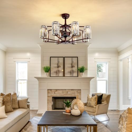 MOOONICHE 34" Crystal Chandelier Ceiling Fan 8 Lights Vintage Flush Mounted Fandelier Reddish Brown Invisible Blades Ceiling Fan for Bedroom Dining Room Living Room Kitchen Farmhouse Entry by MOOONICHE - Used condition - Image 7