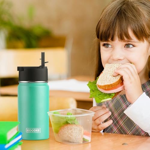 Image of koodee Water Bottle-12 oz Stainless Steel Double Wall Vacuum Insulated Water Bottle for School-Wide Mouth Flask with Straw Lid (Teal)