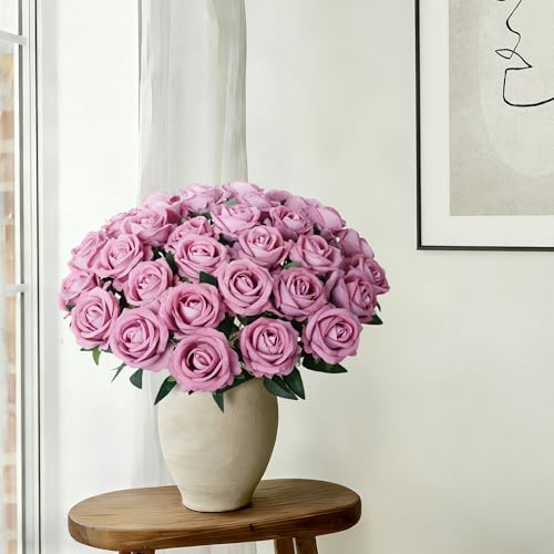 Image of 50 PCS Roses Artificial Flowers, Realistic Fake Roses with Long Stems Silk Flowers for DIY Wedding Bouquet Party Celebration Home Bridal Baby Shower Decoration Birthday Gift for Her Wife, Dusty Rose