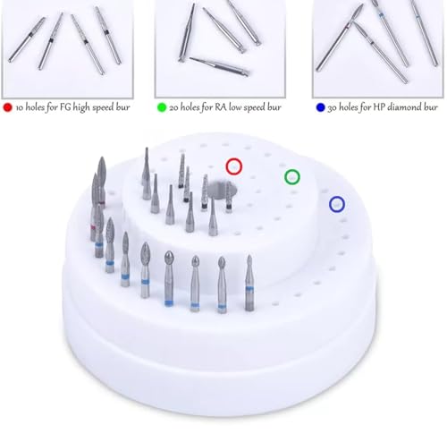 AmeriCan Goods Dental Round 2-Tier Bur Block with Lid 60 Capacity Dental/Nail Bur Block Organizer Dispenser Tall Lid (White)