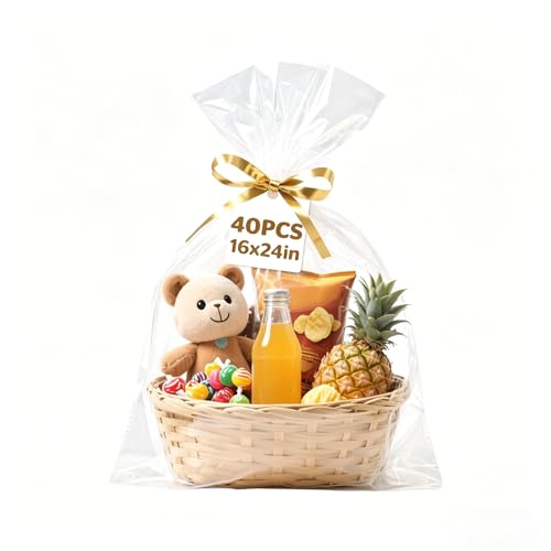 NUITPY 40 Pcs Cellophane Bags 16 x 24 Inchs Cellophane Wrap for Gift Baskets Durable Cellophane Gift Bag Clear Basket Bag - Complimentary 40 Pcs Golden Twist Ties