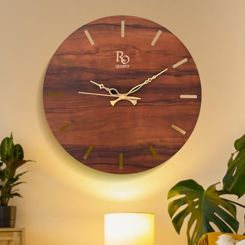 Image of Engineered Wood Round Shape Wall Clock with Metallic Hands & Silent Quartz Movement | Wooden Anti Reflection Analog Vintage Clock for Living Room Home and Office (Brown, 15 Inch)
