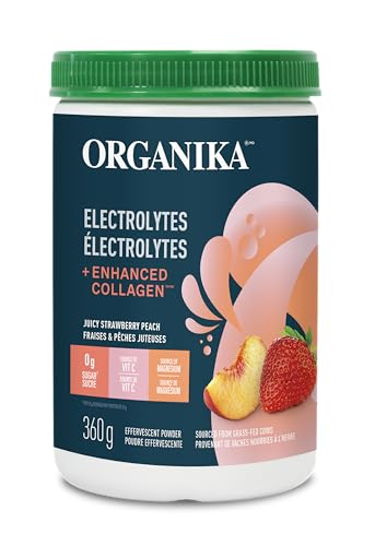Organika Canadian-Made Electrolytes + Enhanced Collagen - Strawberry Peach Flavour - Sugar-Free Hydration 5g Protein + 100% of Daily Vitamin C 360g, 30 Servings