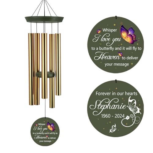 Image of ASTARIN Memorial Butterfly 36 inch Wind Chimes, Personalized Name Sympathy Wind Chime, in Memory of Loss Mom Loved One, Large Deep Tone Bereavement Windchimes for Clearance(Produced in Texas)