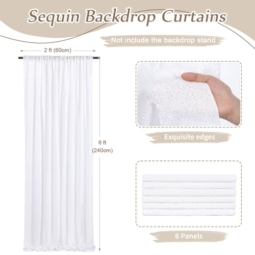 Image of White Sequin Backdrop Curtain 6 Pcs 2ftx8ft Sparkly Glitter Wedding Party Photography Background Drapes for Birthday Prom Decoration