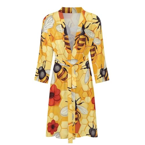 Bees Honeycomb Flowers Men's Robe Long Sleeve V Neck Bathrobes Printed Sleepwear Robes with Belt4