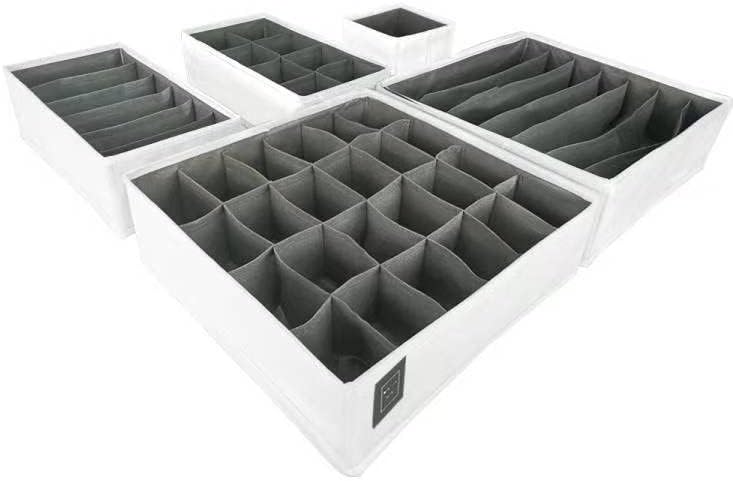 Bermondsey Division Set of 5 Drawer Organiser Divider White Charcoal Grey Drawer Divider Clothes Drawer Organisers Wardrobe Organiser Underwear Storage Drawer Dividers Draw Organizer (White/Grey)