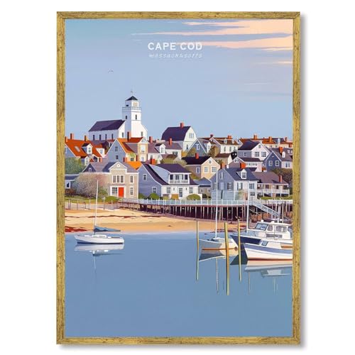 Framed Cape Cod Massachusetts Coastal Town Poster Canvas Print Vintage Nautical Style Wall Art Painting Pictures Wall Decor for Living Room Bedroom Apartment Home Decor (Gold Framed,24" LX36W)