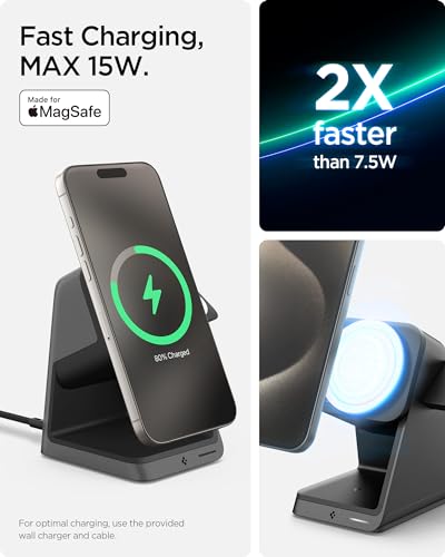 Image of Spigen for MagSafe Charger Stand, [Certified] 3 in 1 Wireless Charging Station 15W Fast Charging Compatible with iPhone 17 16 15 14 13 AirPods Apple Watch 10 Ultra 2 Wallet Accessories and More