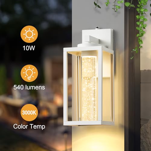 Image of VIANIS White Porch Lights Outdoor, Large Exterior Sconce Lighting for House | Integrated 10W LED, 100% Aluminum, Exterior Light Fixture Wall Mount for Garage, Porch, Crystal Bubble Glass, Easy to Install
