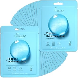 VIABEAUTY 24 Pack of Hyaluronic Acid Face Mask with Peptides Complex - Deep Hydrating & Brightening Facial Sheet Mask - Moisturizing Face Masks Skincare Facial Sheets for All Skin Types