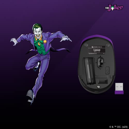 Image of ZEBRONICS DC Joker Edition Jaguar Silent Wireless Mouse for Computer, Laptop with 1600 DPI max, Switch Control, Power ON /Off, Plug & Play Usage, 2.4GHz Nano Receiver and Lightweight