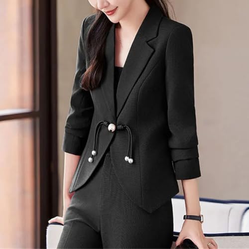 Womens Elegant Pant Suit with A Long Sleeve Single Button Notched Blazer and Slim Fit Flare Pants with Buckle Detail3